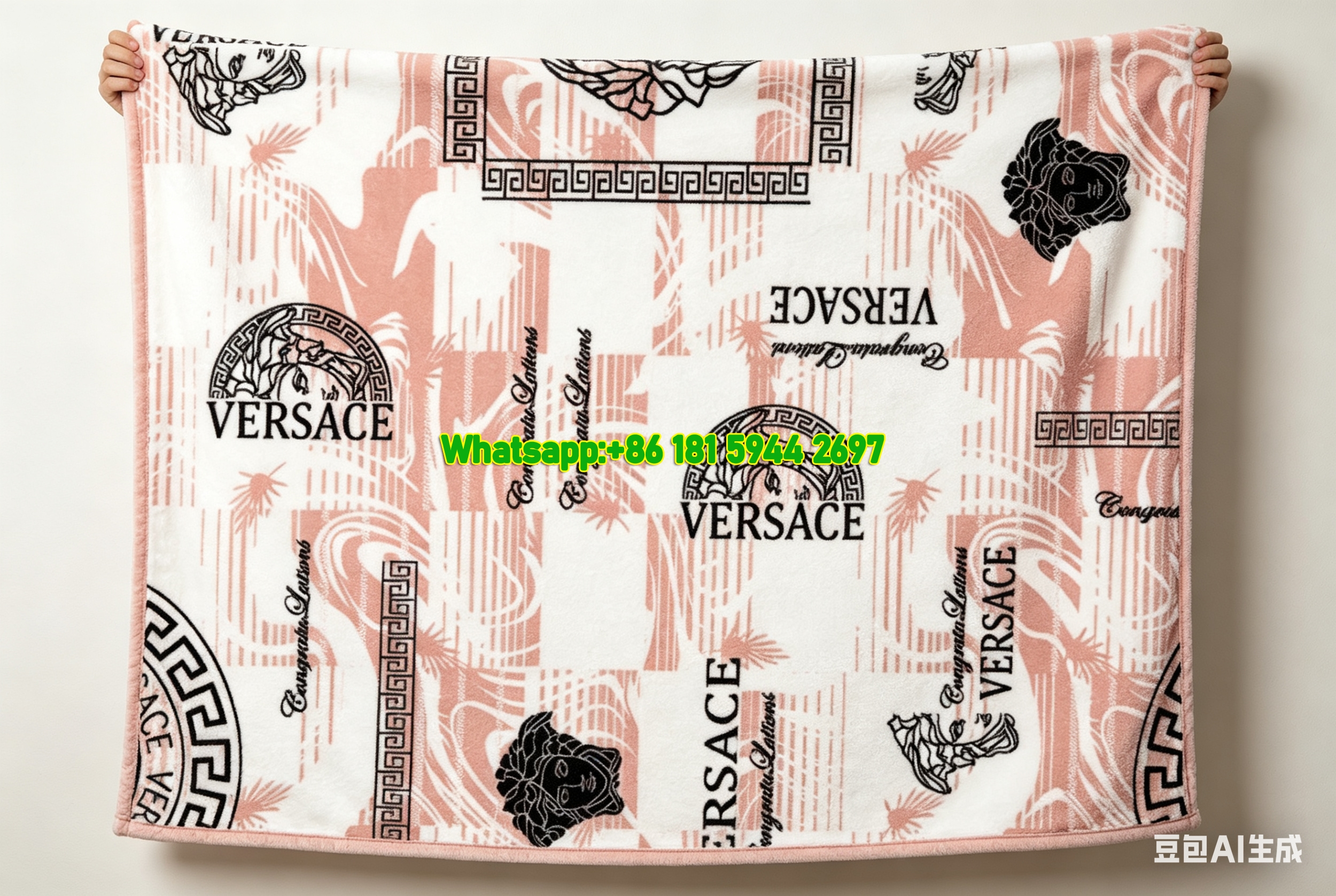 Versace Blush Pink White Check Medusa Print Flannel Sofa Throw Blanket IMG_1354